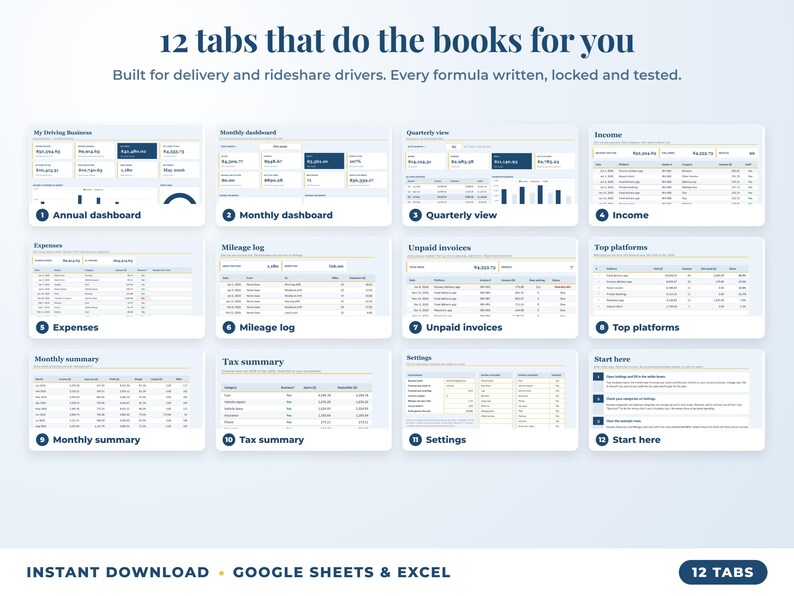 All 12 tabs of the bookkeeping spreadsheet: dashboards, income, expenses, mileage, unpaid invoices, top clients, tax summary