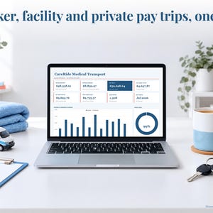 Medical Transportation bookkeeping spreadsheet annual dashboard open on a laptop on a desk