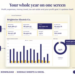 Annual dashboard with income, expenses, net profit, money owed, profit goal ring and category charts