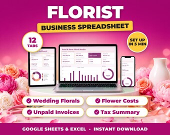 Geschäftskalkulation für Floristen, Buchhaltung für Floristen, Einnahmen- und Ausgabenübersicht für Hochzeitsfloristen, Steuerübersicht (Google Sheets + Excel)