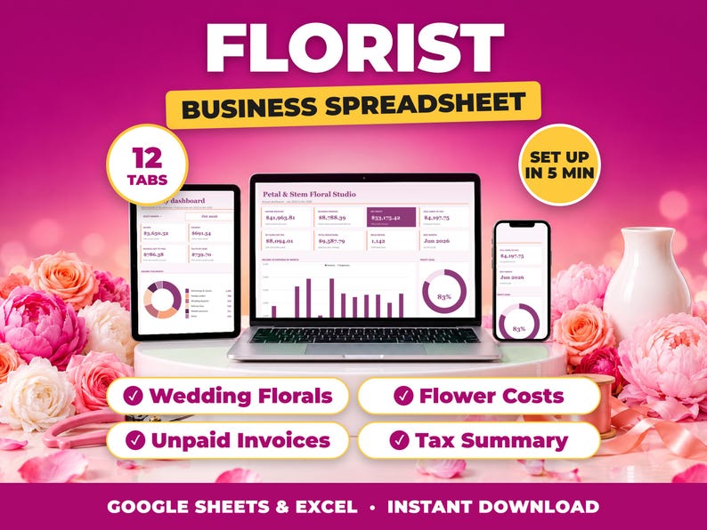 Florist bookkeeping spreadsheet for Google Sheets and Excel on laptop, tablet and phone