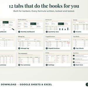 All 12 tabs of the bookkeeping spreadsheet: dashboards, income, expenses, mileage, unpaid invoices, top clients, tax summary