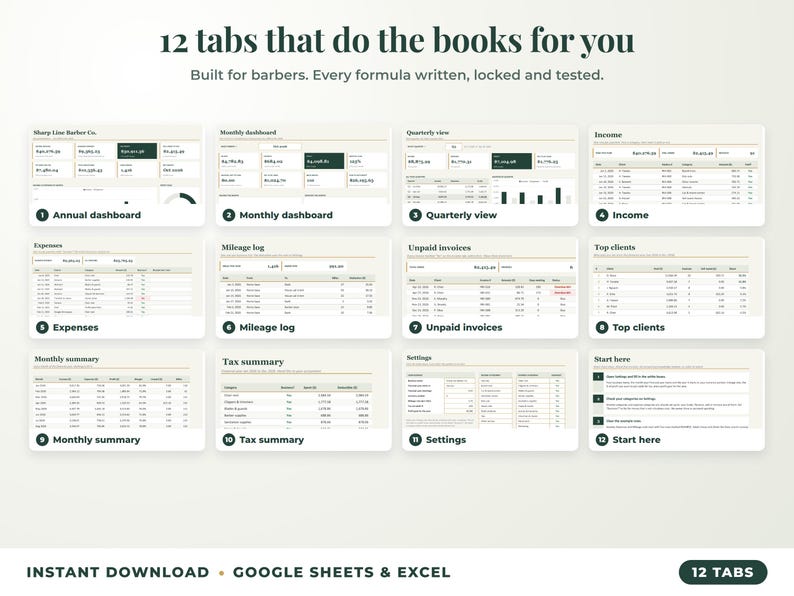 All 12 tabs of the bookkeeping spreadsheet: dashboards, income, expenses, mileage, unpaid invoices, top clients, tax summary