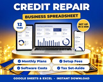 Credit Repair Business Spreadsheet, Credit Repair Income and Expense Tracker, Client Plans, Tax Summary (Google Sheets + Excel)