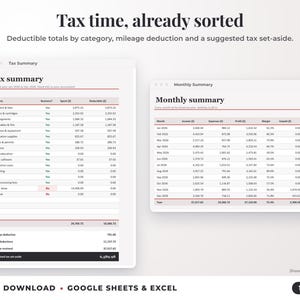 Tax summary with deductible totals, mileage deduction and suggested tax set-aside, plus monthly summary
