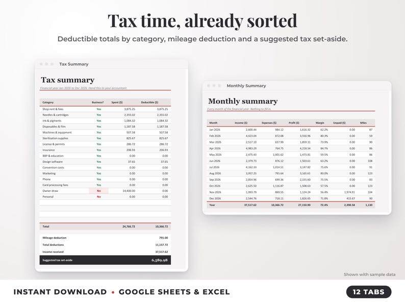 Tax summary with deductible totals, mileage deduction and suggested tax set-aside, plus monthly summary