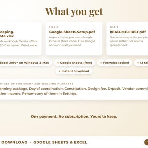 What is included: 12-tab Excel workbook, Google Sheets setup guide and read-me-first guide