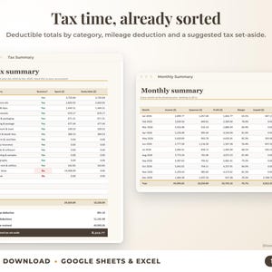 Tax summary with deductible totals, mileage deduction and suggested tax set-aside, plus monthly summary