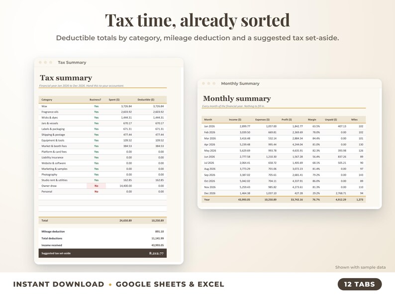 Tax summary with deductible totals, mileage deduction and suggested tax set-aside, plus monthly summary