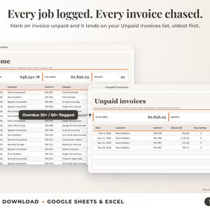 Income sheet and unpaid invoices list with overdue flags