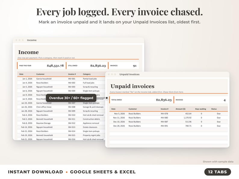 Income sheet and unpaid invoices list with overdue flags