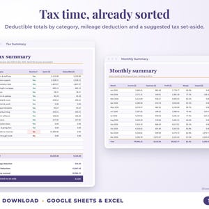 Tax summary with deductible totals, mileage deduction and suggested tax set-aside, plus monthly summary