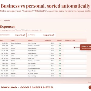 Expenses sheet where business or personal is filled in automatically from the category