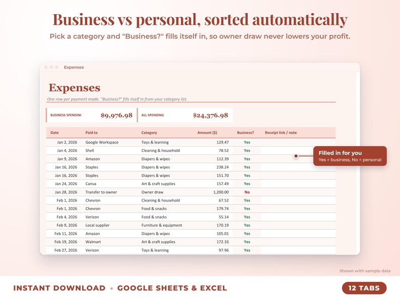 Expenses sheet where business or personal is filled in automatically from the category
