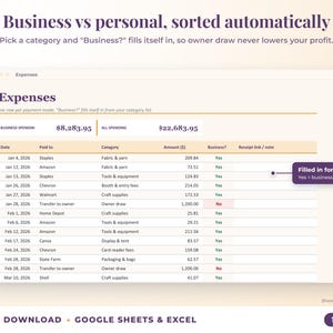 Expenses sheet where business or personal is filled in automatically from the category