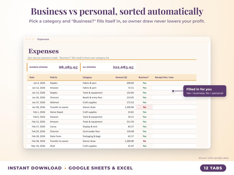 Expenses sheet where business or personal is filled in automatically from the category