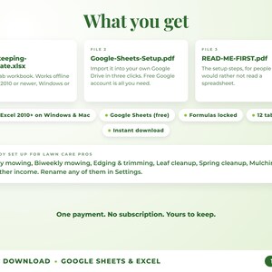 What is included: 12-tab Excel workbook, Google Sheets setup guide and read-me-first guide