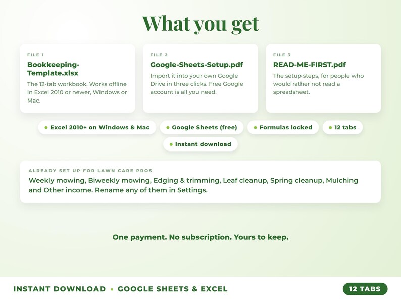 What is included: 12-tab Excel workbook, Google Sheets setup guide and read-me-first guide