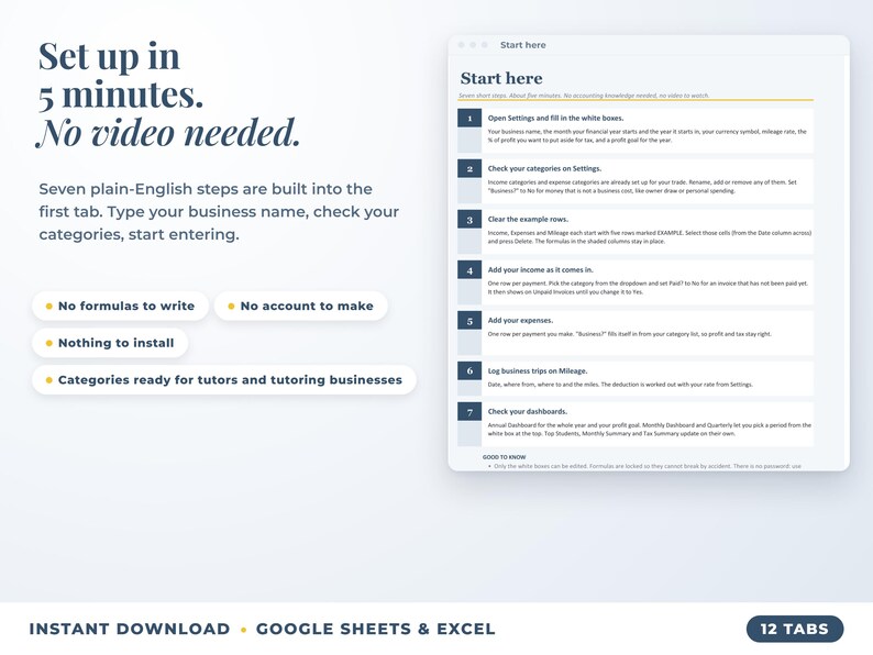 Start here tab with seven setup steps, no video needed