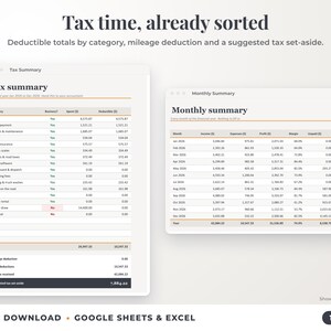 Tax summary with deductible totals, mileage deduction and suggested tax set-aside, plus monthly summary