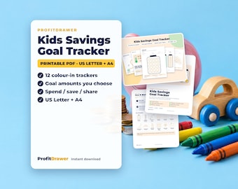May include: A white digital product card for a Kids Savings Goal Tracker by ProfitDrawer, featuring dark blue text, a list of features, and a printable PDF format. Behind it are several printed tracker sheets, a pink piggy bank, and crayons.
