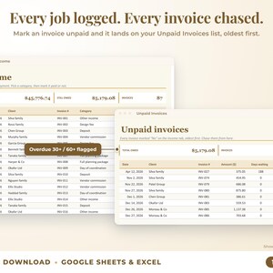 Income sheet and unpaid invoices list with overdue flags