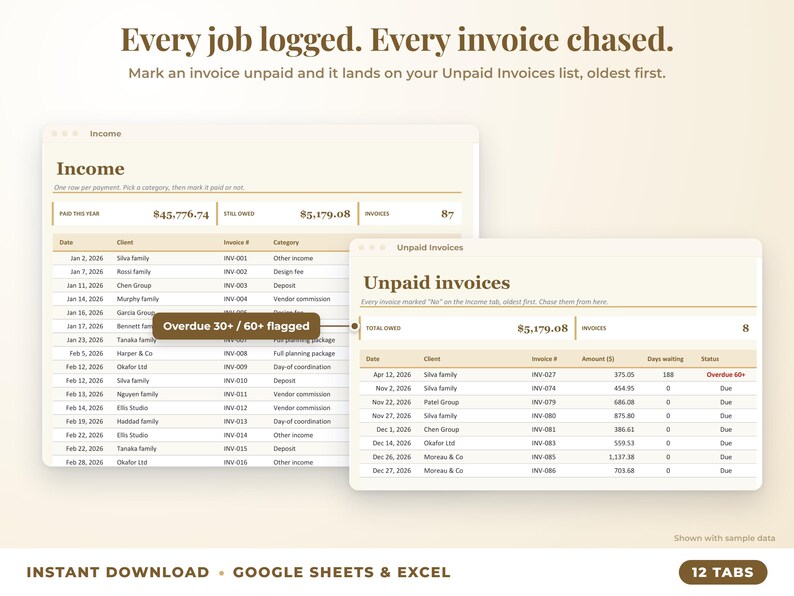 Income sheet and unpaid invoices list with overdue flags