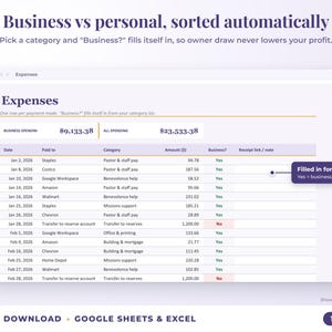 Expenses sheet where business or personal is filled in automatically from the category