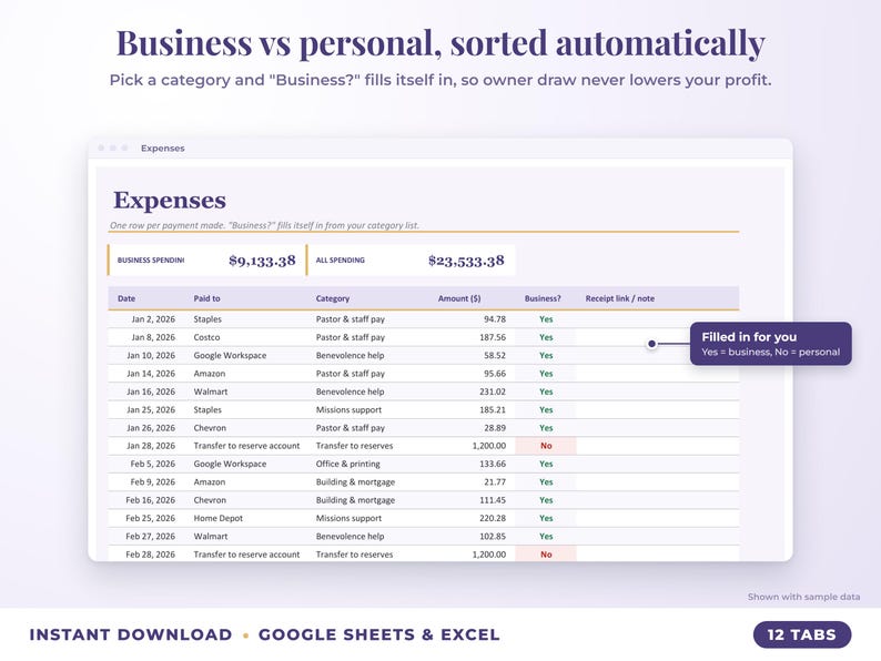 Expenses sheet where business or personal is filled in automatically from the category