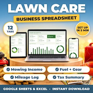 Puede incluir: Una hoja de cálculo digital para negocios de cuidado de césped para Google Sheets y Excel, mostrada en una laptop, tableta y teléfono inteligente. Incluye 12 pestañas, ingresos por siega, seguimiento de combustible y equipo, registro de kilometraje e impuestos.