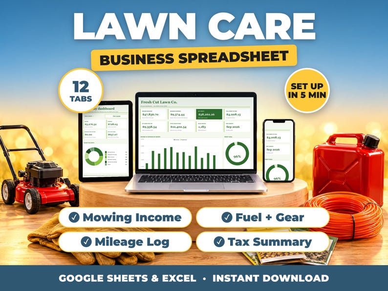 Lawn Care bookkeeping spreadsheet for Google Sheets and Excel on laptop, tablet and phone