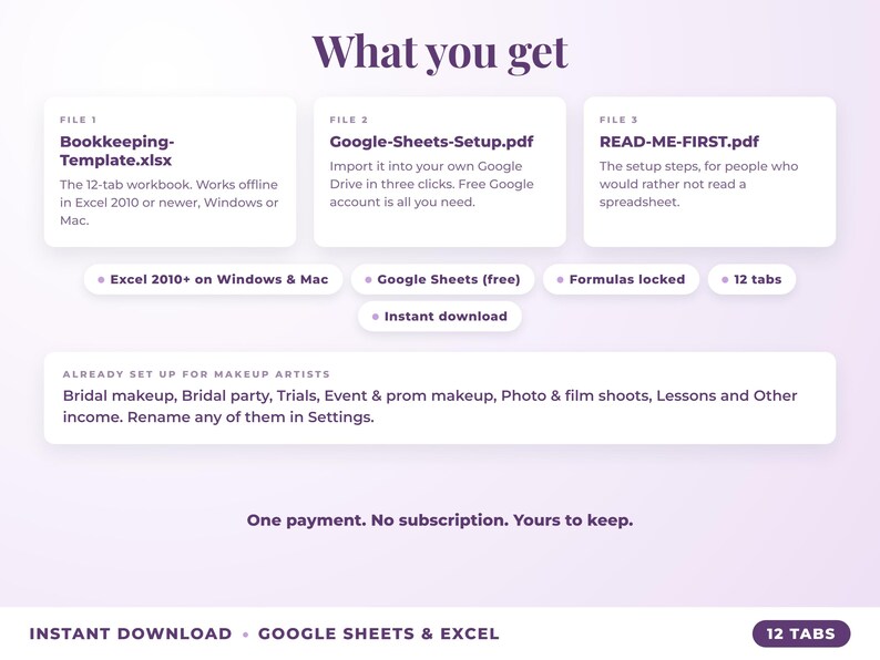 What is included: 12-tab Excel workbook, Google Sheets setup guide and read-me-first guide
