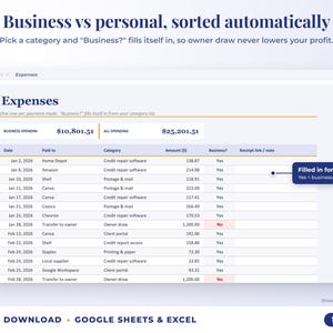 Expenses sheet where business or personal is filled in automatically from the category