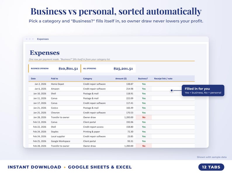 Expenses sheet where business or personal is filled in automatically from the category