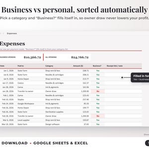 Expenses sheet where business or personal is filled in automatically from the category