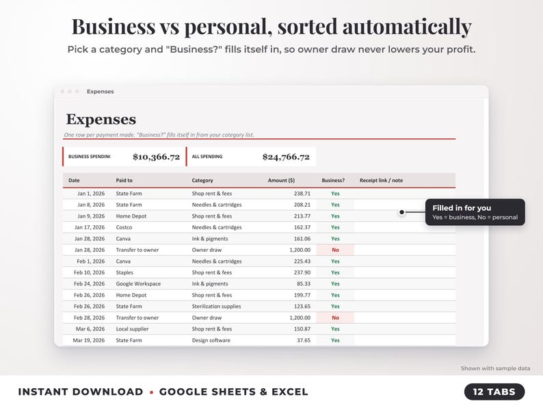 Expenses sheet where business or personal is filled in automatically from the category