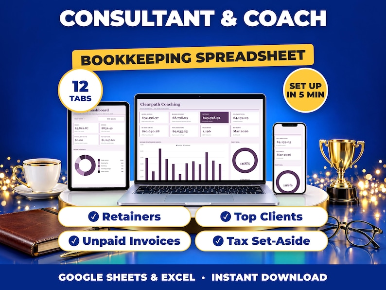 Consultant & Coach bookkeeping spreadsheet for Google Sheets and Excel on laptop, tablet and phone