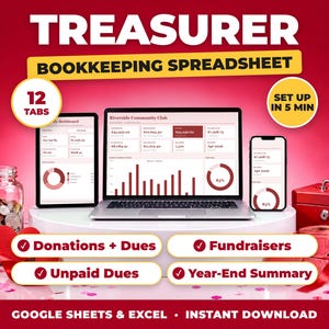 Treasurer bookkeeping spreadsheet for Google Sheets and Excel on laptop, tablet and phone