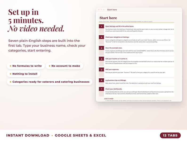 Start here tab with seven setup steps, no video needed