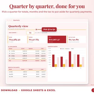 Quarterly view with quarter selector, quarterly totals, chart and tax set-aside