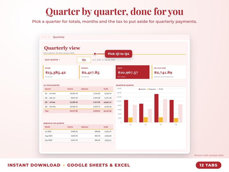 Quarterly view with quarter selector, quarterly totals, chart and tax set-aside