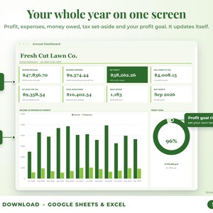 Annual dashboard with income, expenses, net profit, money owed, profit goal ring and category charts