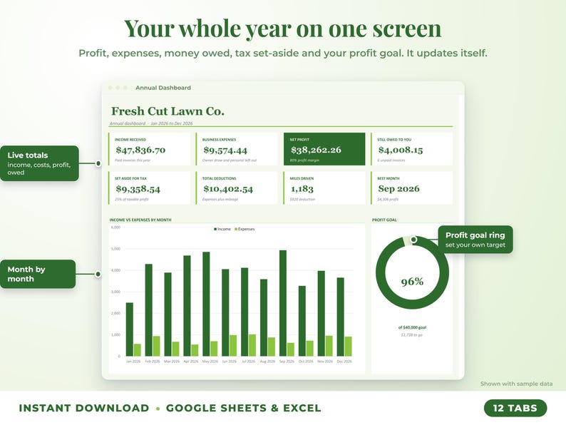 Annual dashboard with income, expenses, net profit, money owed, profit goal ring and category charts