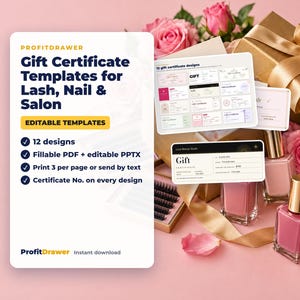 Puede incluir: Una pantalla de producto digital para plantillas de certificados de regalo ProfitDrawer para salones de pestañas, uñas y belleza. El texto incluye 12 diseños, PDF rellenable y PPTX editable, imprimir 3 por página.
