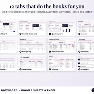 All 12 tabs of the bookkeeping spreadsheet: dashboards, income, expenses, mileage, unpaid invoices, top clients, tax summary