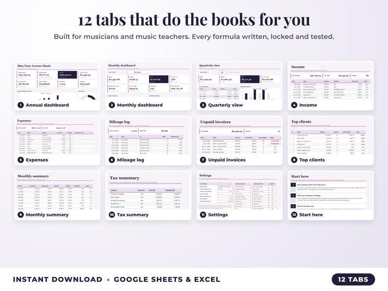All 12 tabs of the bookkeeping spreadsheet: dashboards, income, expenses, mileage, unpaid invoices, top clients, tax summary