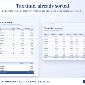 Tax summary with deductible totals, mileage deduction and suggested tax set-aside, plus monthly summary