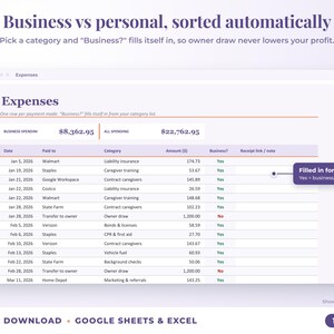Expenses sheet where business or personal is filled in automatically from the category