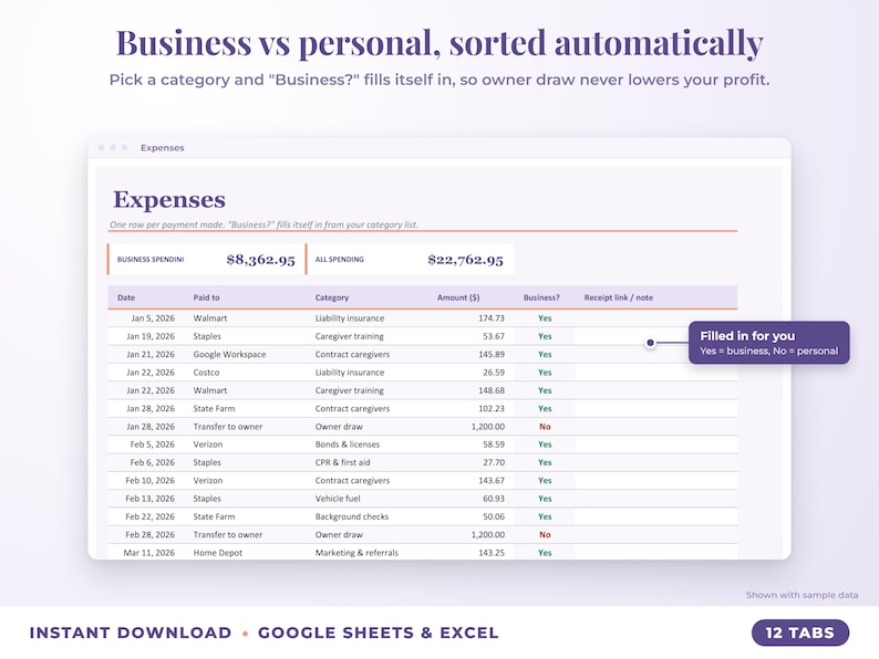 Expenses sheet where business or personal is filled in automatically from the category