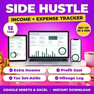 Side Hustle Tracker | Extra Income & Expense Spreadsheet for Gig Workers, Tax Set Aside, Multiple Income Streams (Google Sheets + Excel)